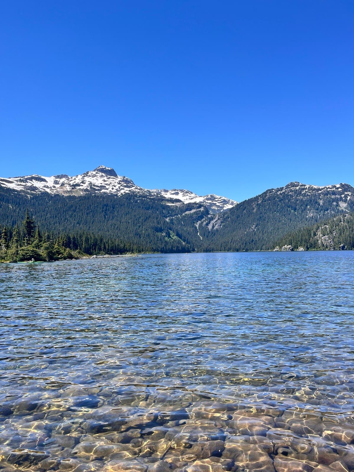 A clear mountain lake below snow-capped peaks