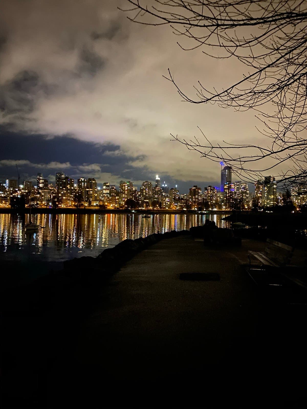 The Vancouver skyline at night, reflected in the water